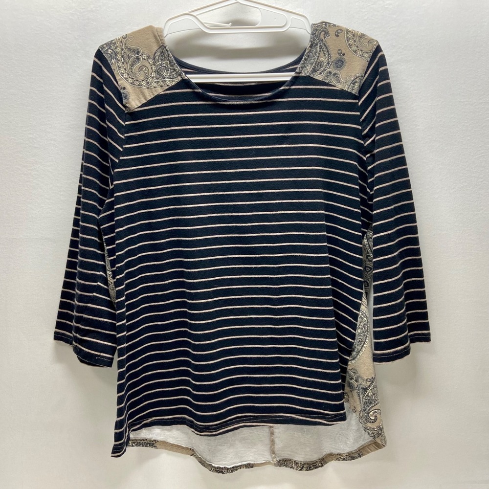 Mixed Media Blouse Women's Large Black Stripe Beige Paisley Knit 3/4 Stretch GUC